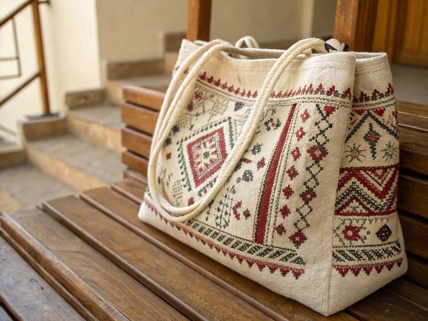 Handwoven textile bag with traditional patterns displayed on wooden surface